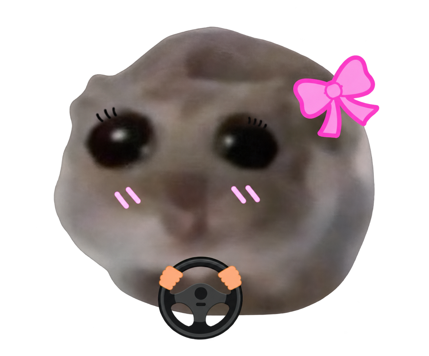 Sad Hammy with a pink bow, holding a steering wheel